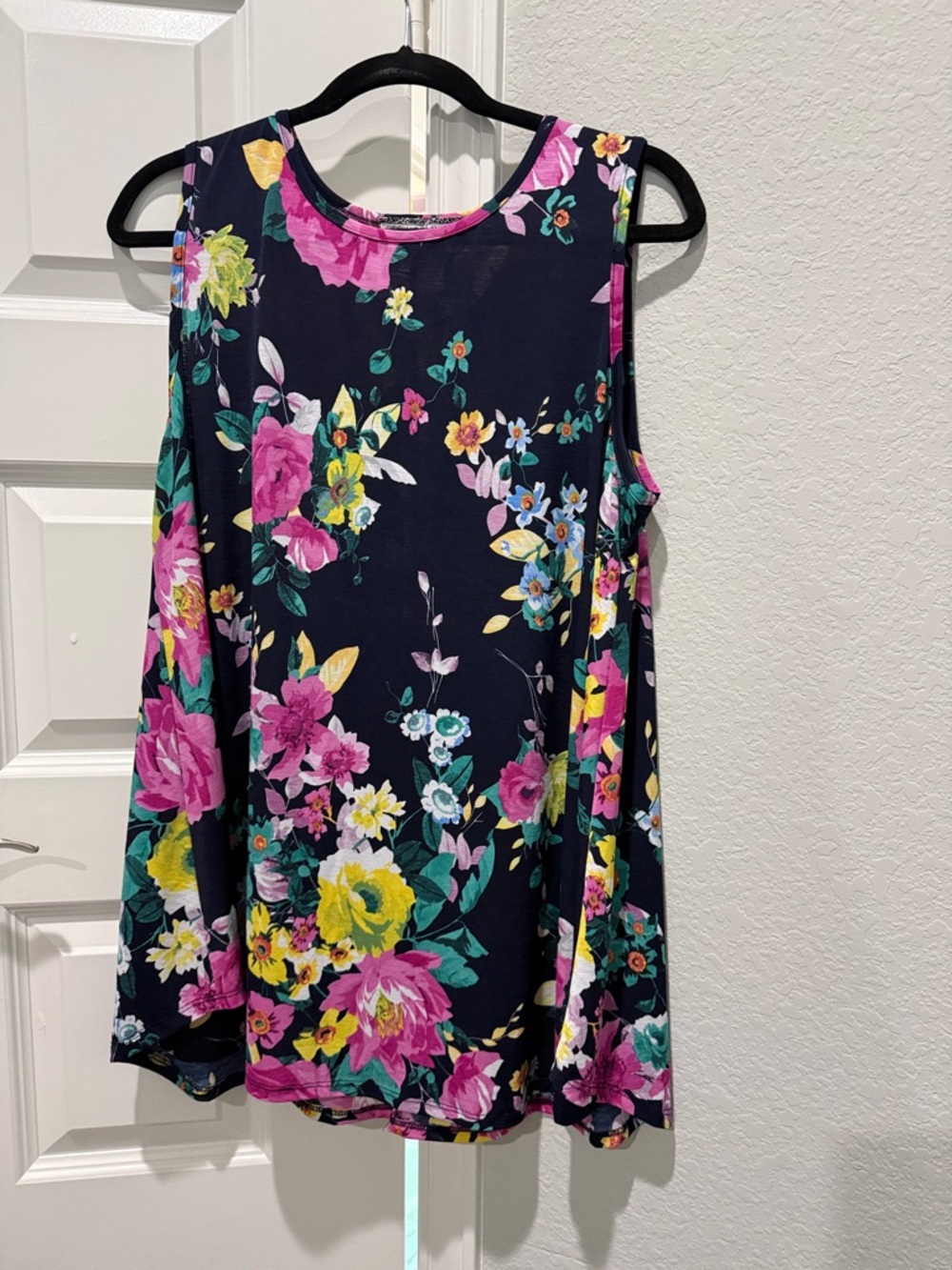 Sleeveless Floral Navy Swing Top - Bright Pink & Yellow Flowers